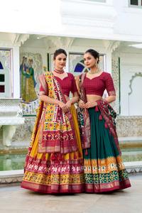 Qualité d'exportation indienne robe étonnante Tussar soie Lehenga Choli & Dupatta avec imprimé Patola et feuille travail femme mode exportateur - Product Image 6