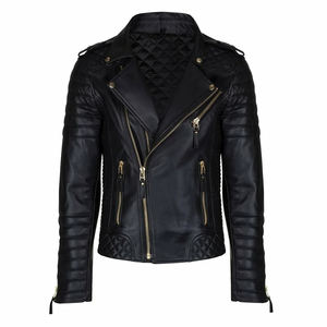 Veste en cuir pour hommes coupe ajustée à la mode en peau de mouton cuir noir matelassé vestes européennes et américaines tendance de la mode pour hommes - Product Image 3