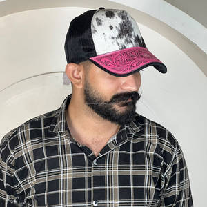 Gorra Premium al por Mayor con Pelo y Visera de Cuero Genuino de Vaca Grabado a Mano, Estilo Vaquero Occidental Floral, Gorra Snapback para Hombre - Product Image 2