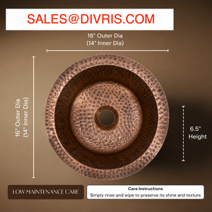 DIVRIS Évier rond en cuivre martelé fait main, vasque simple à poser sur comptoir, finition rustique polie, facile à nettoyer, taille 16 pouces - Product Image 4