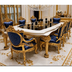 Juego de Comedor Extensible y Plegable de Madera de Teca Azul Tradicional, Inspirado en el Rococó Real, con Tapicería Acolchada - Product Image 1