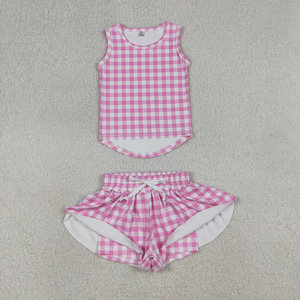 Conjunto de Ropa Deportiva para Bebés y Niñas Pequeñas, Top sin Mangas a Cuadros Rosa y Pantalones Cortos, Ropa de Yoga - Product Image 1