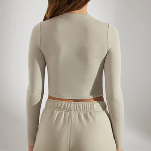 OEM Logo personnalisé décontracté Slinky femmes haut court à manches longues T-shirts personnalisé côtelé 4-way Stretch Design femmes haut court T-shirt - Product Image 6