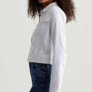 Veste en jean slim fit pour femme, personnalisable OEM/ODM, en coton pur, avec boutons et poches poitrine, construction en sergé spécial, blanc pur - Product Image 3