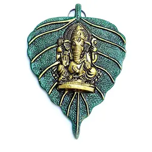 Metalen Aluminium Deur Opknoping Muur Opknoping Desgin Van Groen Blad Met Lord Ganesha Standbeeld Afweren Kwaad, terwijl Aantrekken Van Vrede