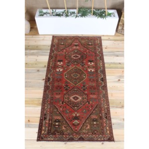 Vintage Turkish Accent Rug 3.2x6.5 ft, <b>Brown</b> Red Geometric <b>Wool</b> Rug - Product Image 1
