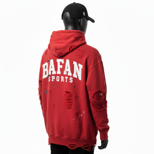 เสื้อฮู้ดดี้ผ้าฝ้ายฟลีซ 350 GSM สีแดง แต่งรอยขาด สไตล์สเปรย์ นุ่ม อุ่น สกรีนโลโก้ปักเองได้ เสื้อฮู้ดดี้พื้นฐาน - Product Image 2