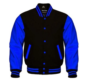 Premium Letterman Baseball Varsity Jacket noir Laine bleu royal Manches en cuir véritable Collège Lycée Bomber Veste Toile - Product Image 1