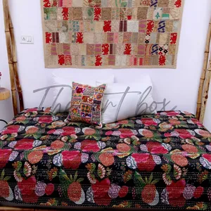 Handmade Vintage Kantha Quilt Traditional Jaipur Work with Black Floral Print for Bed Use as Bedspread Blanket Coverlet Hotels