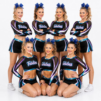 Seragam Cheerleading All Star Custom Hitam Teal Ungu Berhias Rhinestone Lengan Jala Model Silang di Punggung untuk Kompetisi
