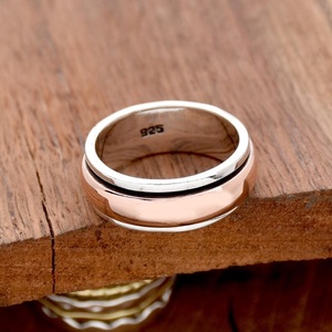 แหวนสปินเนอร์ทรงโดมครึ่งนิ้วทำด้วยมือแหวนแต่งงานสไตล์โบฮีเมียนสีเงิน925พร้อมสองโทนสีสำหรับเป็นของขวัญสำหรับผู้หญิง - Product Image 3