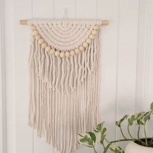 Modest White Macrame <b>Wall</b> Hanging With Wooden <b>Ball</b> Detailing For Elegant Home Decor And Minimal Home Decor Use From India - Product Image 1