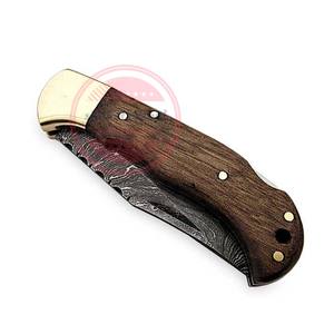 Couteau pliant avec manche en bois Couteau de poche à lame en acier damassé - Product Image 2