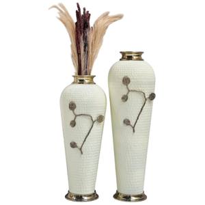 Vase à fleurs en métal blanc fait à la main avec texture martelée et feuilles dorées ensemble de 2 décoratifs modernes pour la décoration de salon - Product Image 1