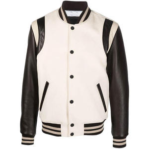 Veste varsity noire crème pour homme, manches en cuir, col rabattu, style décontracté, coupe classique, vêtement d'automne - Product Image 1
