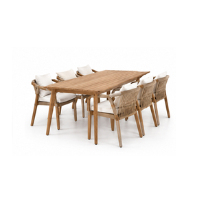 Mesa de Comedor de Madera de Teca Sólida para Exteriores con Sillas de Cuerda Tejida para Patio, Jardín, Resort o Cafetería de Lujo - Product Image 1