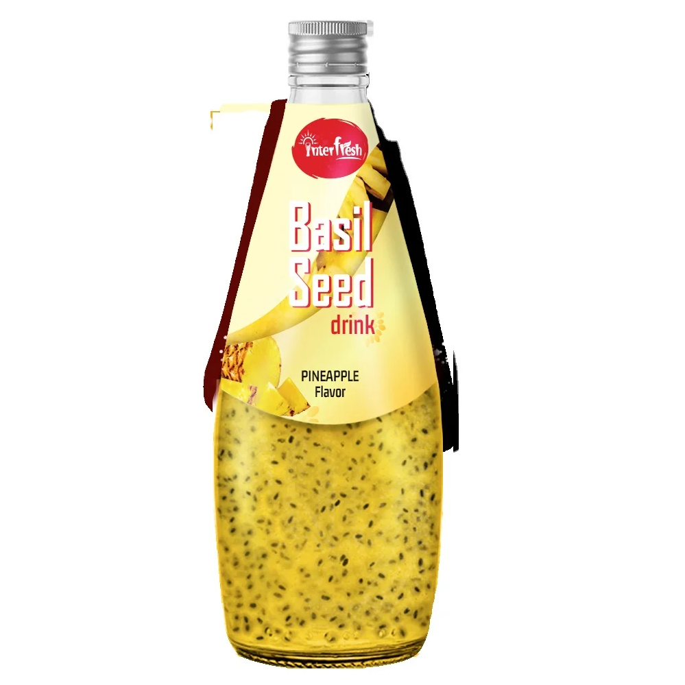 Interfresh Vietnam Manufacturing Natural Healthy Basil seed drink Pineapple juice flavor in glass bottle 290ml