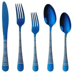 Cubiertos chapados en Color dorado, cubiertos de acero inoxidable, ideales para cocina, mesa, café, uso doméstico, mango de Metal azul, Juego de 4 Uds. - Product Image 4