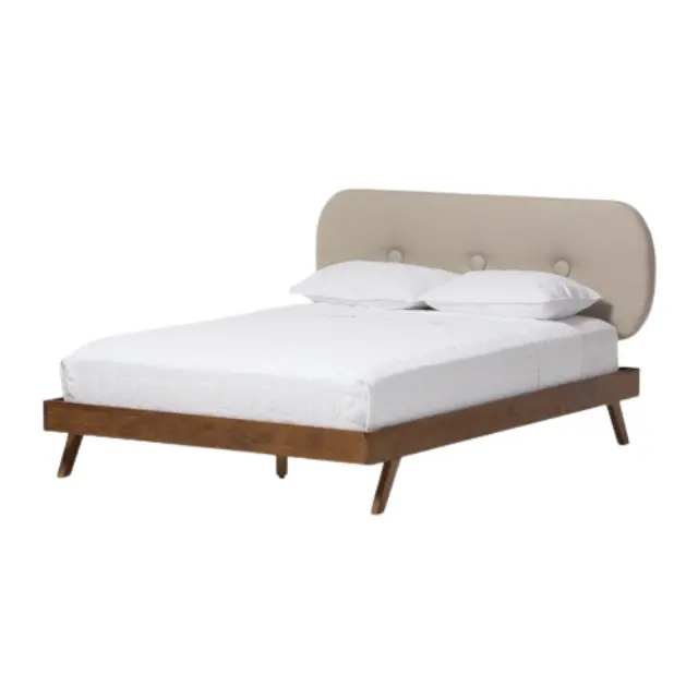 Cama de madera superventas con respaldo de tela redonda, muebles de dormitorio, estilo minimalista moderno, producto de alta calidad de Indonesia