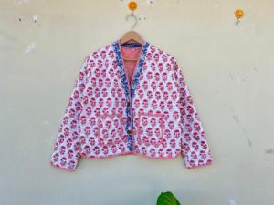 เสื้อแจ็กเก็ตผ้าฝ้ายบุนวมลายดอกสีครามสำหรับผู้หญิงใส่ได้ทุกฤดูการตกแต่งสไตล์กิโมโน - Product Image 3