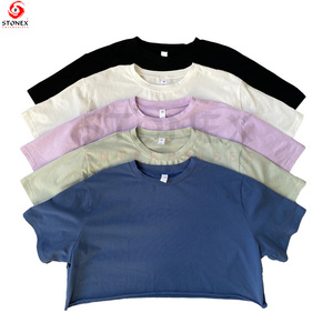 2023 à la mode femmes de haute qualité coton uni à manches courtes surdimensionné recadrée gymnastique entraînement t-shirts - Product Image 6