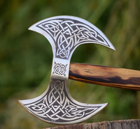 Hache artisanale industrielle Viking à double tranchant en acier à haute teneur en carbone, avec runes gravées, manche en bois de rose, lame de 20 cm, par STEEL CRAFT