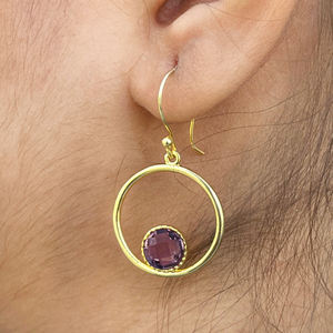 Pendientes colgantes de cuarzo hidroamatista púrpura, joyería sencilla, latón macizo, chapado en oro de 18 quilates, piedra preciosa de corte redondo, regalo para mujer - Product Image 2