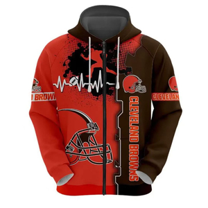 Sweat à capuche zippé pour homme Cleveland, imprimé par sublimation, 100 % coton, coupe classique, rouge-brun, motif casque - Product Image 1