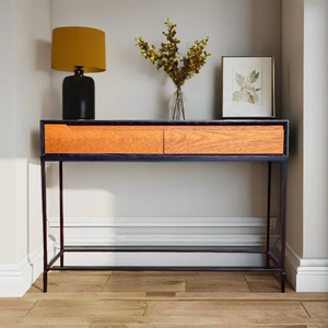 Table console en bois de chêne blanc durable, design moderne avec pieds en métal pour villa, salon, hôtel ou chambre à coucher, avec rangement - Product Image 1