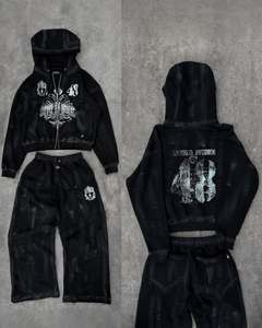 Custom Acid Wash Sweatsuit Jogging Track Suit Set Streetwear Puff Print <b>Spray</b> Wash Flare Sweatpants and Full Zip up Hoodie Set - Product Image 4