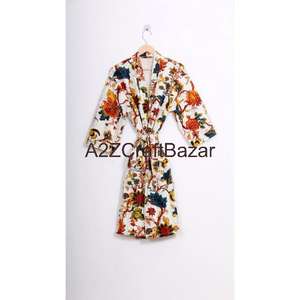 Robes longues à manches trois quarts à col en V à cordon de serrage en tissu floral tissé à la main Douces et respirantes Séchage rapide 100% coton pour femmes - Product Image 5