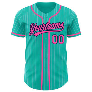 Maillot de baseball personnalisé uniforme d'équipe boutonné bleu sarcelle et rose à fines rayures nom personnalisé numéro 100% tissu polyester à séchage rapide - Product Image 3