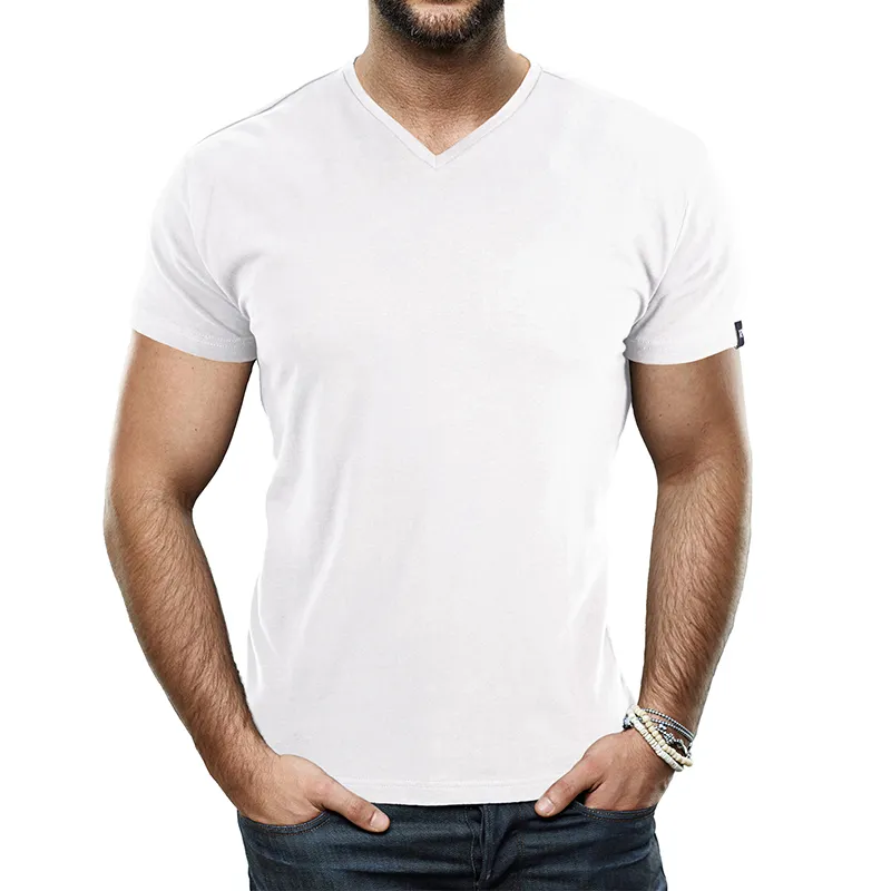 Desgaste casual v pescoço manga curta camiseta para homens Esticar branco V-Neck Camisa Atacado OEM T-Shirts Algodão V-Neck Homens T-shirts