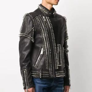 Chaqueta de Motociclista Estilo Rock Punk para Hombre, Personalizada, con Cuello Alto, Tachuelas Plateadas, Cuero Recubierto, Vintage, Transpirable, para Punk - Product Image 4