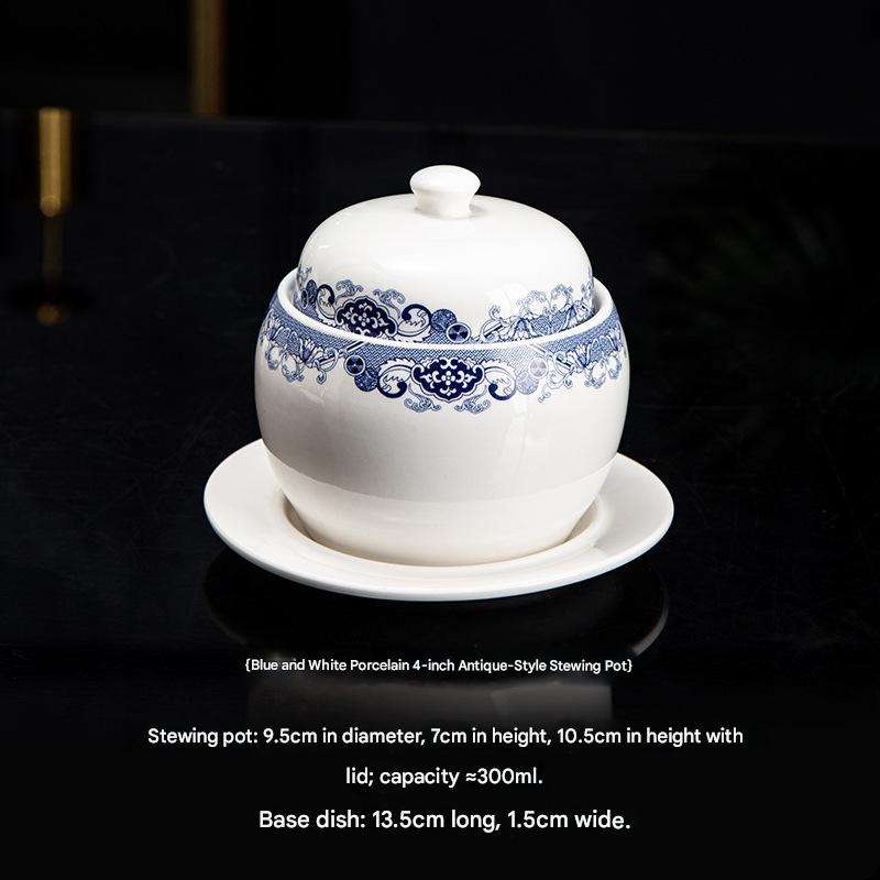 Olla para estofado de 4 pulgadas con plato, diseño rítmico en azul y blanco.