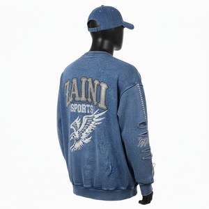 Sweat-shirt pour homme de qualité supérieure, tissu en polaire doux 330GSM, style denim bleu délavé, logo brodé personnalisé, strass, sweat-shirts basiques - Product Image 2