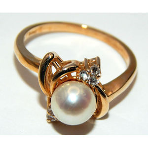 14K anello di perle d'oro con 6 diamanti gioielli eleganti per le donne - Product Image 1