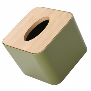Boîte à mouchoirs en métal vert olive de grande qualité avec couvercle en bois de bambou, distributeur de serviettes rectangulaire pour la décoration de la maison et du bureau - Product Image 1