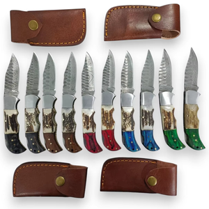1 Pieza, Cuchillo Plegable de Acero de Damasco de Grado Industrial, Estilo Nórdico, Mango de Madera de Ciervo, Funda de Cuero, EDC de Bolsillo, para Caza y Camping - Product Image 1