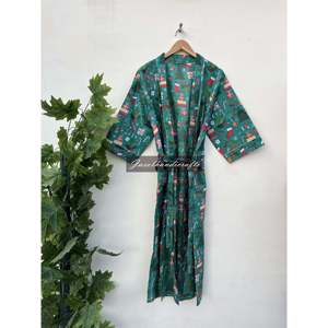 Robe kimono en coton imprimé à la main en Inde, style ethnique, peignoir de spa, méthode d'impression à la main - Product Image 2