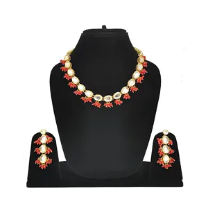 Parures de bijoux de mariée plaquées or 24 carats Kundan, collier rouge à une seule couche avec zircon pour mariage - Product Image 2