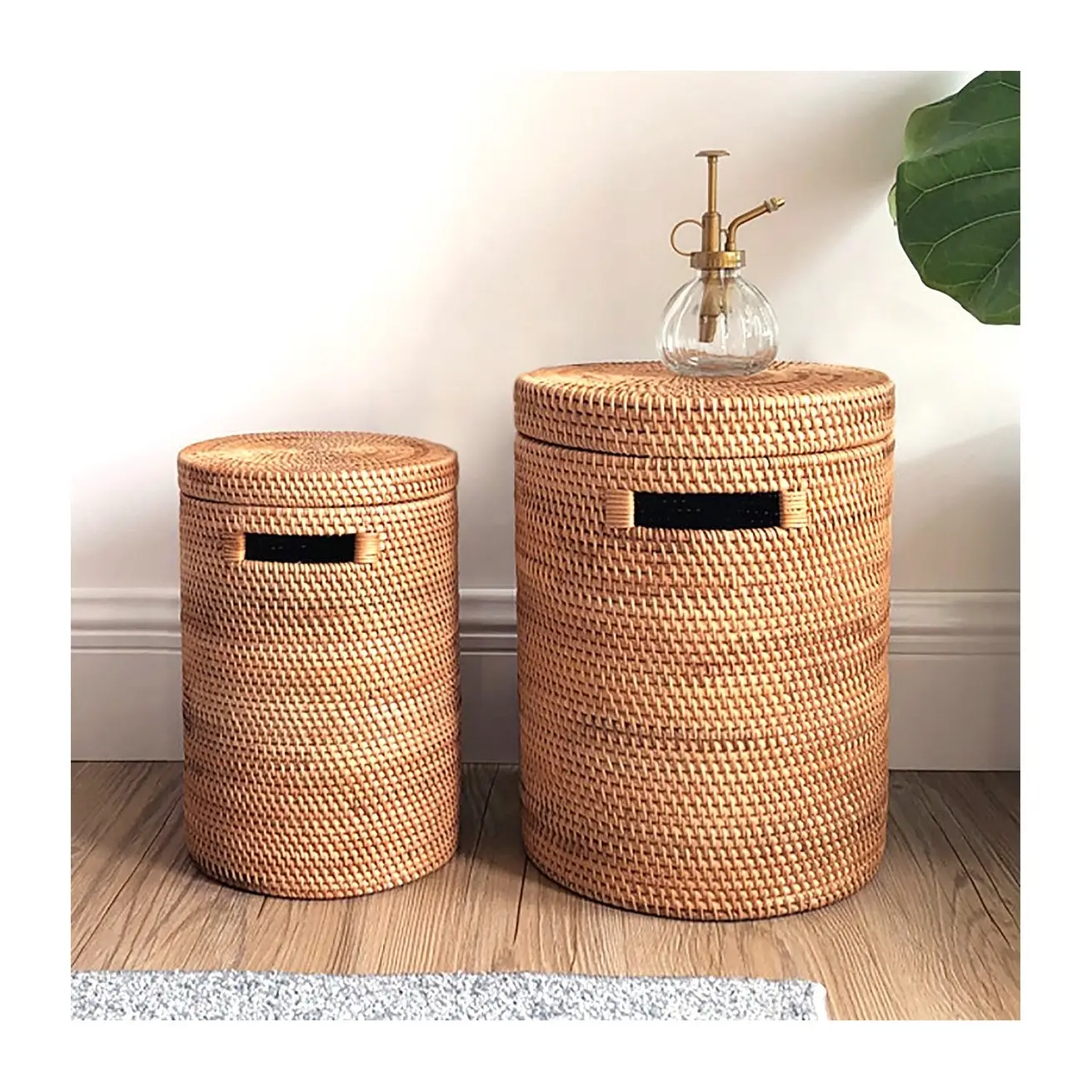 Cesta de madera de bambú natural de ratán, cestas artesanales tejidas con mango y tapa de Vietnam