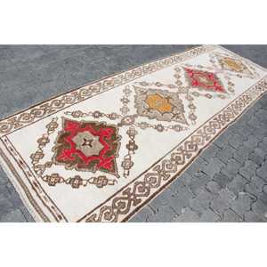 Turkish Rug, <b>Runner</b> 4.3x11.1 ft Vintage Rug, Brown <b>Red</b> Camouflage Wool Rug - Product Image 3