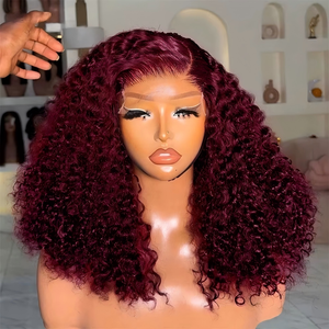 วิกผมบ๊อบสีแดงเบอร์กันดี รุ่น Water Deep Wave Bob 99J  วิกผมหน้าผากลูกไม้ 13x4  ผมแท้ 100% วิกผมบ๊อบสั้นแบบหยิก วิกผมพม่า ความหนาแน่น 200 - Product Image 1