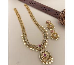 Ensemble de collier et de boucles d'oreilles de haute qualité, plaqué or, avec pierres, pour mariage, collection de vêtements traditionnels pour femmes - Product Image 1