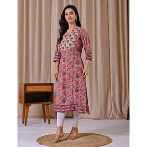 Kurti Recto con Estampado Floral Rosa, Vestido de Algodón Moderno con Estampado Floral - Product Image 5