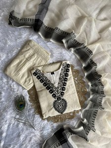 Nuevo 2025 puro Khadi algodón cuello en V bordado Color blanco bloque de mano impreso peso ligero elegante Kurti conjunto para mujeres o niñas - Product Image 6