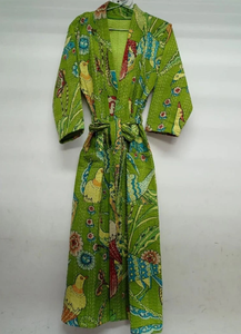 Peignoir long en coton Kantha unisexe fait à la main de luxe Kimono Boho imprimé paon vert Robe cadeau printemps été pour demoiselles d'honneur - Product Image 6