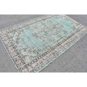 Alfombra turca vintage de gran superficie de 5x8 pies, diseño clásico de retazos verde y Beige, respaldo de látex de lana hecho a mano, pila mediana ecológica - Product Image 2