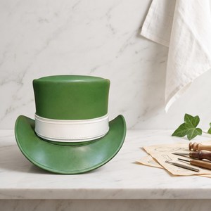 Premium Quality Custom Made Elegant Green Leather Top <b>Hat</b> with White <b>Band</b> Classic Vintage Silhouette - Product Image 4